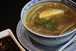 A5 Soto Madura Indonesian chicken soup with shredded chicken, glass noodles, bean sprouts and celery.