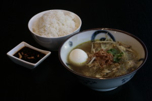 J7 Soto Madura Indonesian glass noodle soup with shredded chicken, bean sprouts, celery and rice.